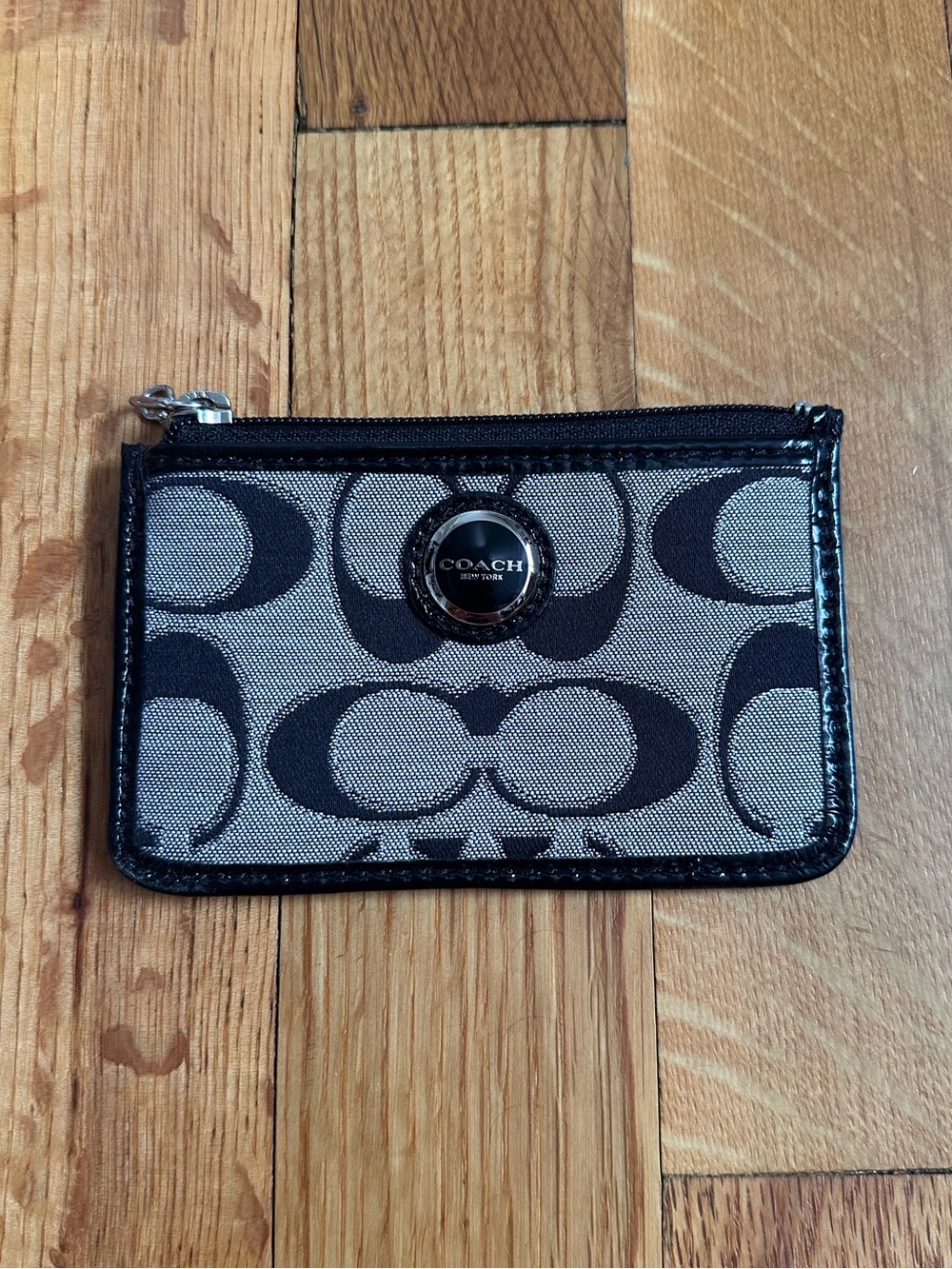 Coach Signature Zip Card Case in Black and Gray